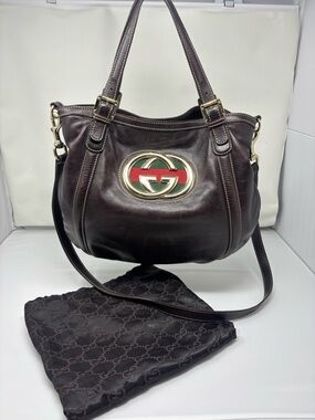 Gucci Britt Brown Leather Interlocking GC Shoulder Tote